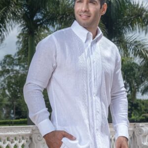 08-673 Guayabera Blanca Calada Manga Larga Cuello Basico